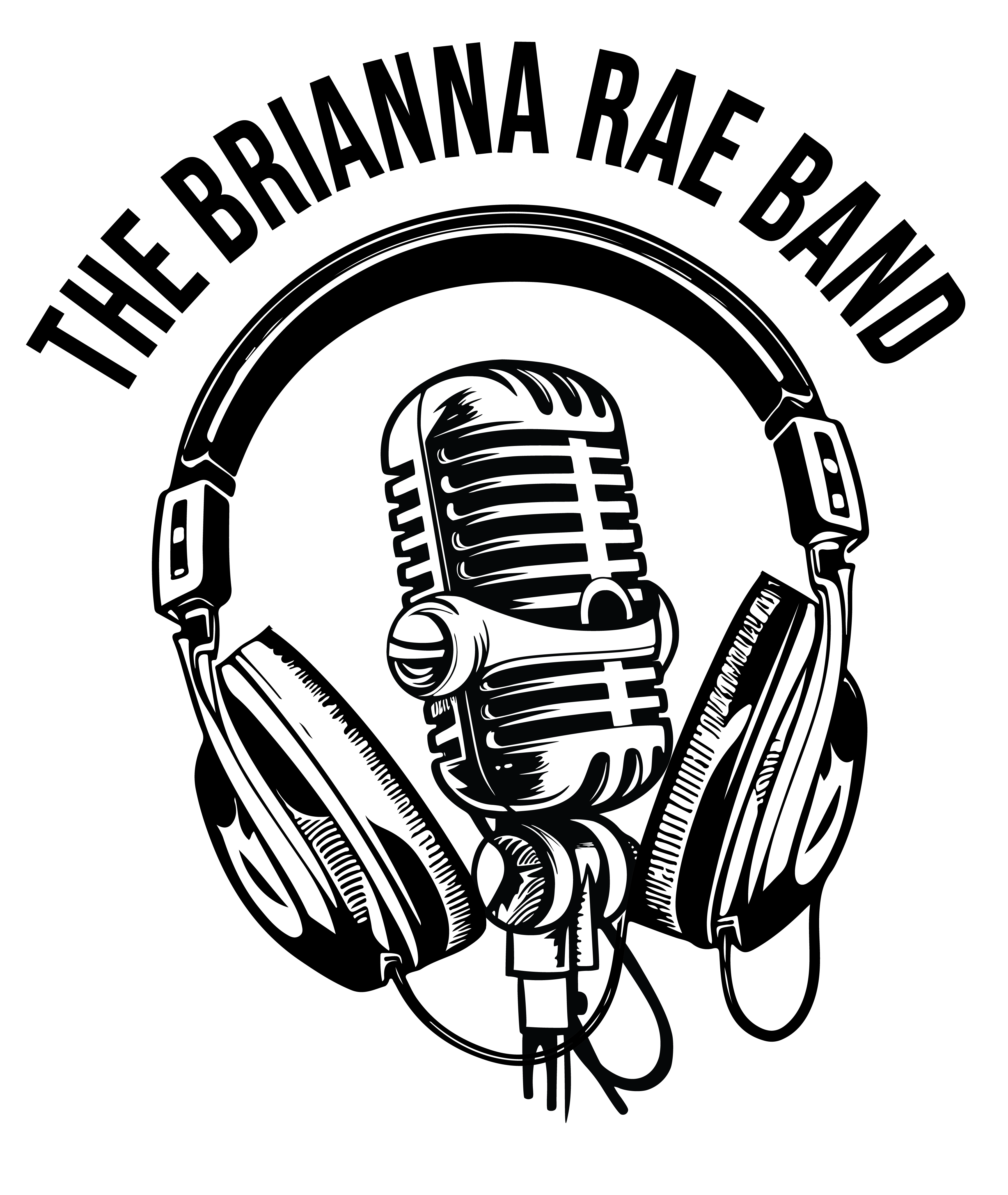 The Brianna Rae Band name written over a pair of headphones over a vintage microphone
