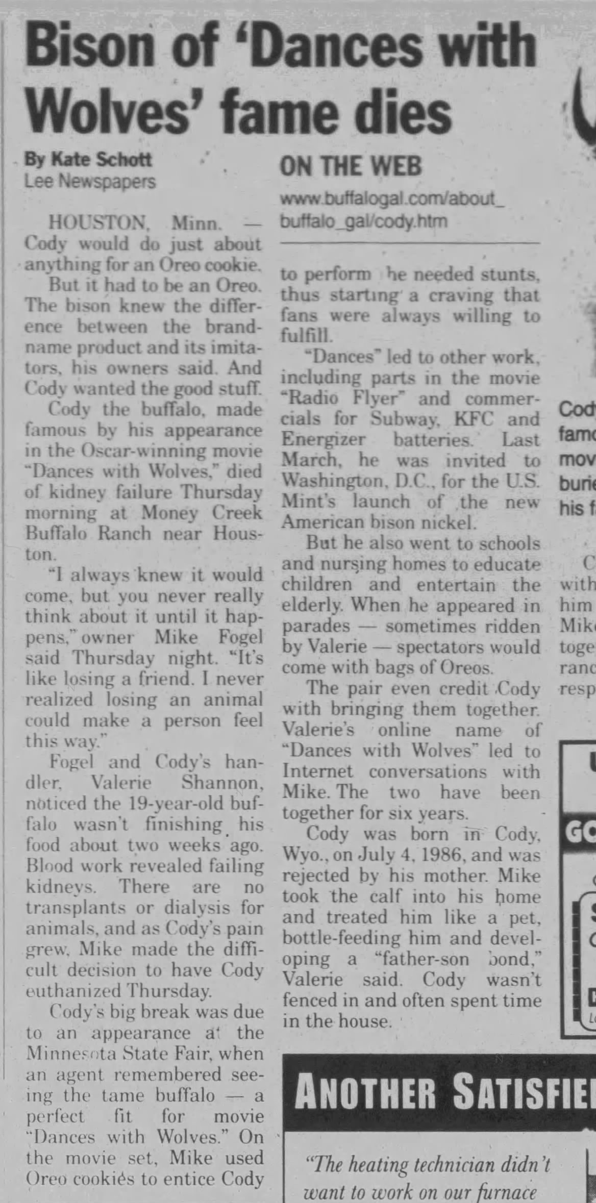 newspaper article from the Winona Daily News about Cody the Buffalo