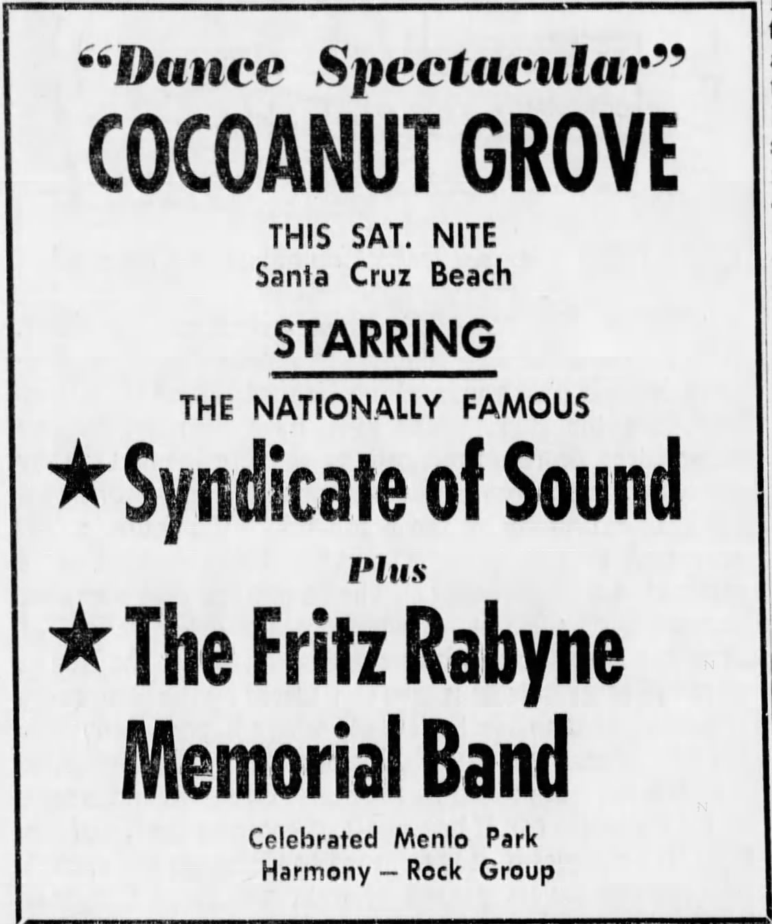 a photo of a show advertisment from 1968 featuring Syndicate of Sound and The Fritz Rabyne Memorial Band